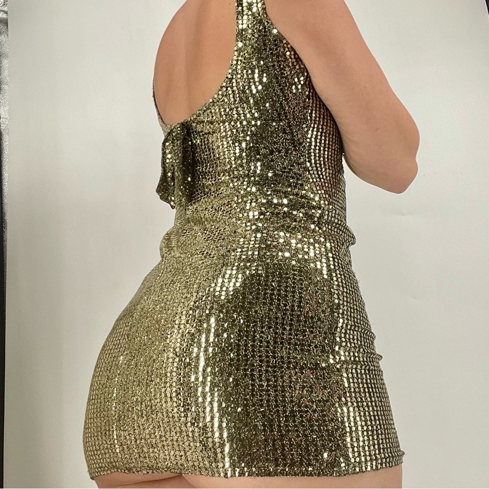 Vintage 80s Nadine Gold Sequin Mini Dress Bow Formal Cocktail HOCO Sexy Fitted